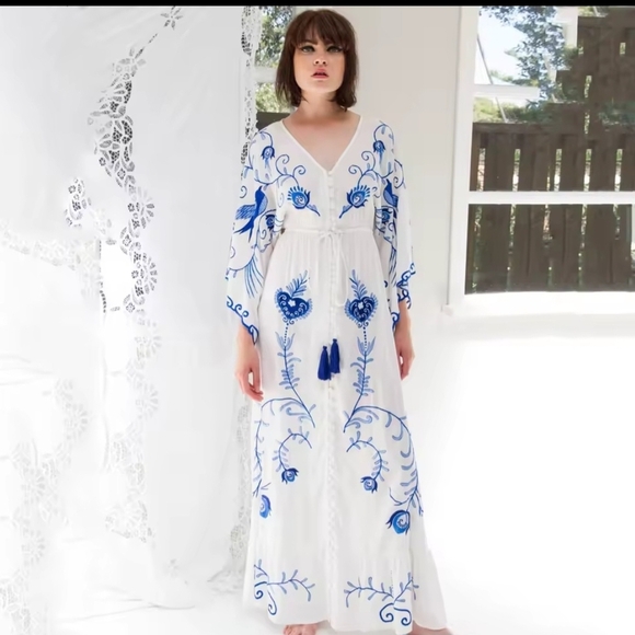Elegant Floral Maxi Dress - Blue And White - Picture 3 of 16
